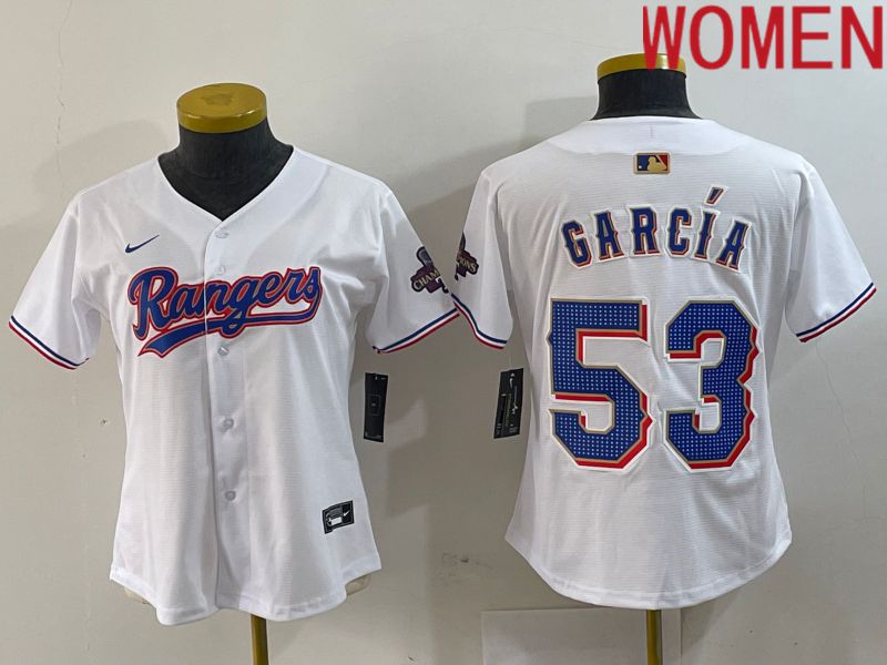 Women Texas Rangers #53 Garcia White Champion Game Nike 2024 MLB Jersey style 1->women mlb jersey->Women Jersey